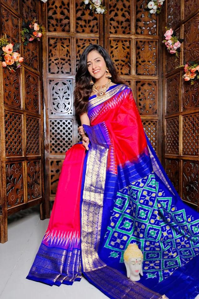 Red Handloom Soft Silk by Icultuer with Blue Border