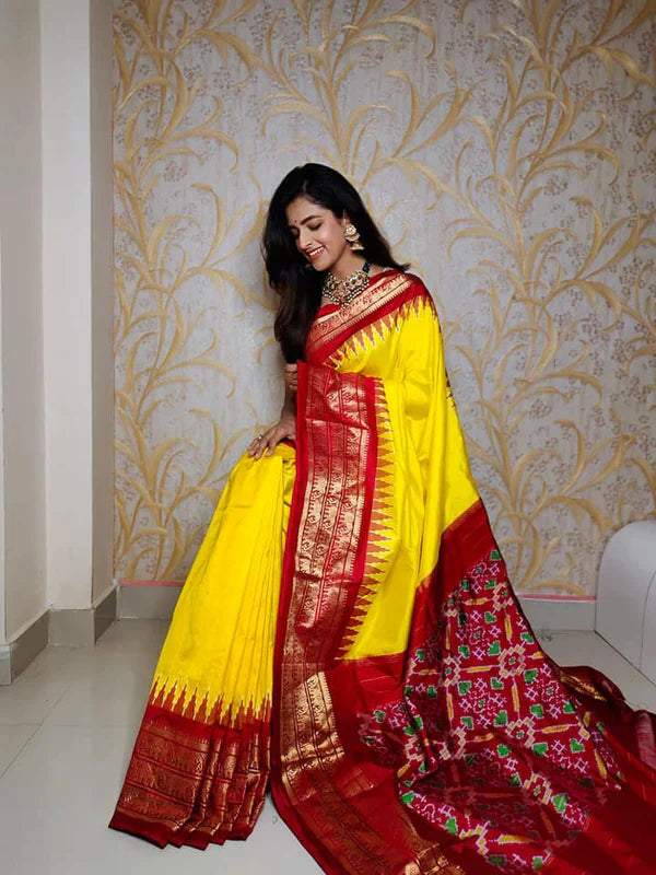 Yellow & Red ikkat  Printed handloom Soft Silk by Icultuer