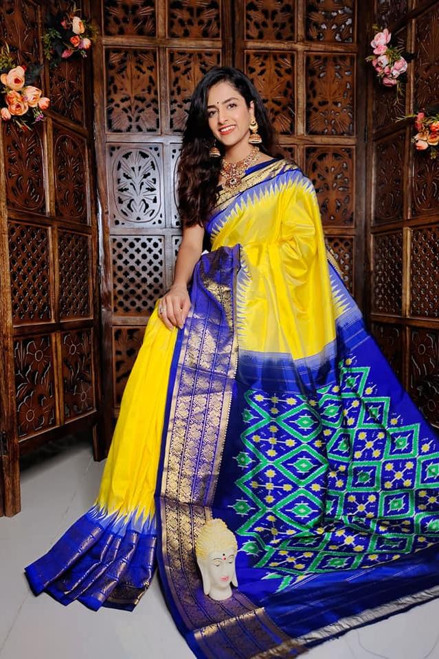 Yellow & Bule Ikkat Handloom Soft Silk by Icultuer