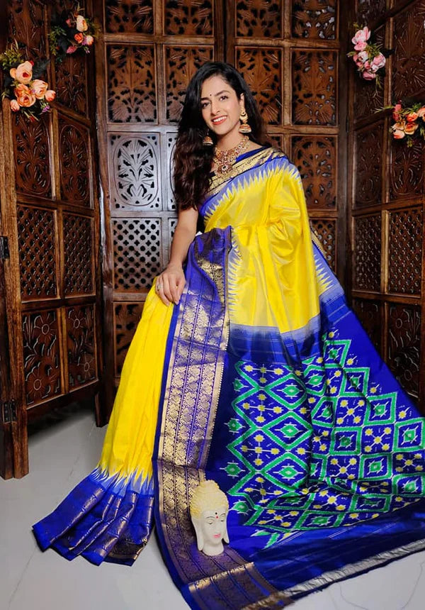 Yellow & Blue ikkat  Printed handloom Soft Silk by Icultuer
