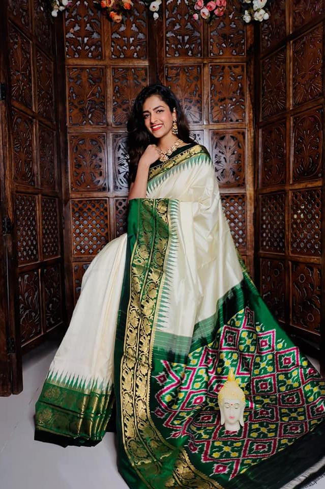 White & Green Ikkat Handloom Soft Silk by Icultuer