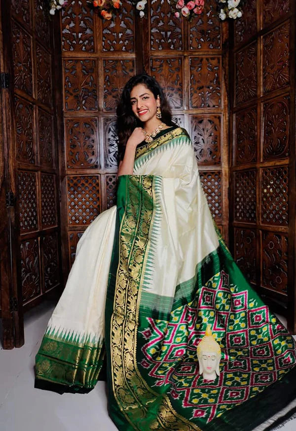 White & Green Blue Printed handloom Soft Silk by Icultuer