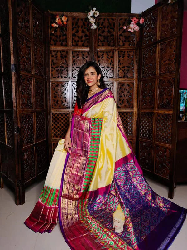 Yellow & Blue ikkat  Printed handloom Soft Silk by Icultuer