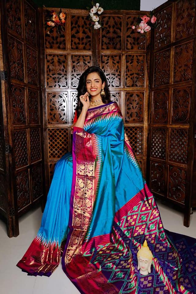 Sky Blue Handloom Soft Silk Printed by Icultuer