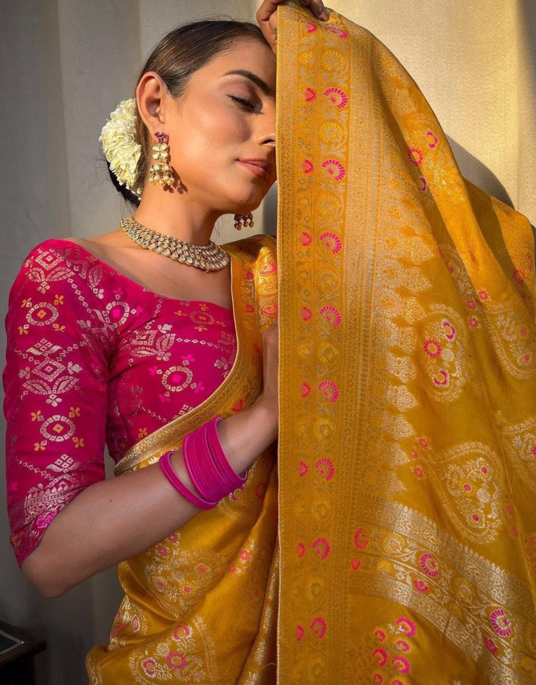 icultural Yellow Soft Banarasi Saree With Attached Blouse