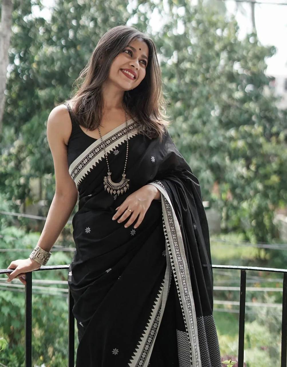icultural Black Cotton Silk Saree