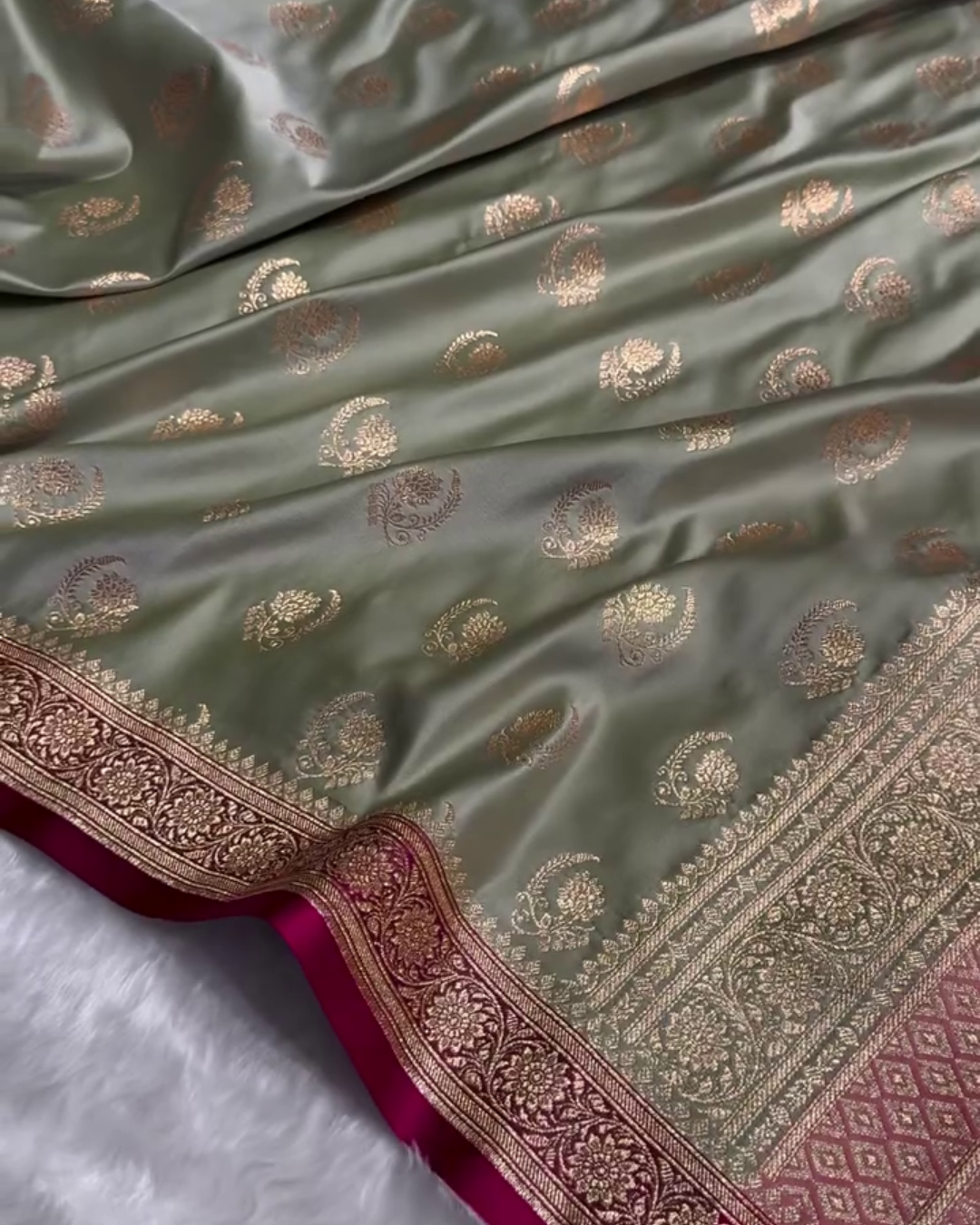 icultural - Green Katan Silk Saree with Zari Boota and Pink Border