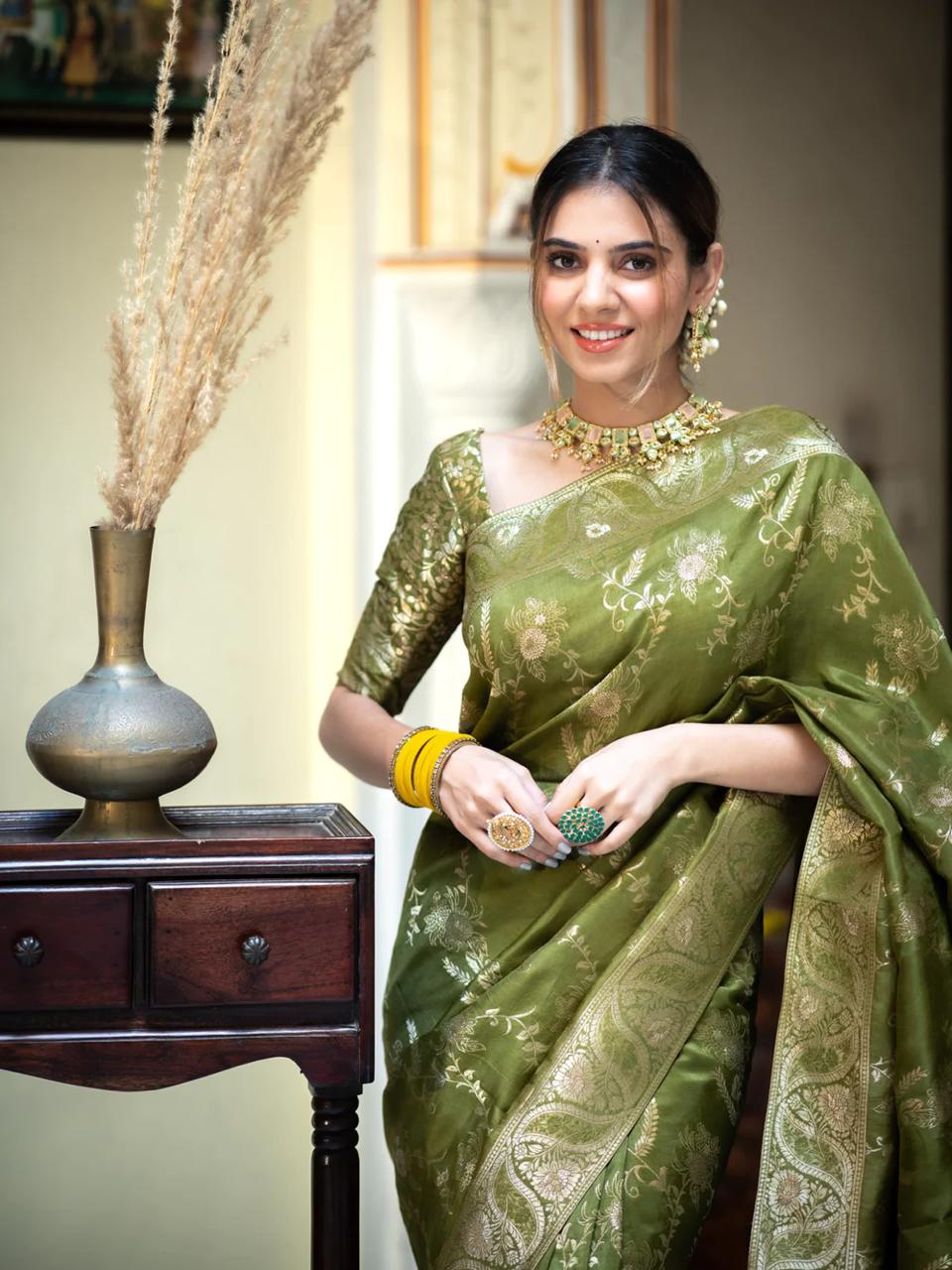 icultural Mahendi Banarasi Silk Saree WIth Fabulouse Blouse Piece