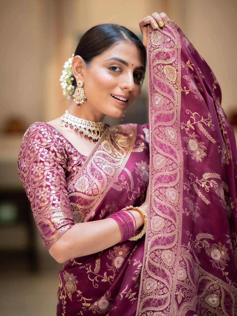 icultural Wine Banarasi Silk Saree WIth Fabulouse Blouse Piece