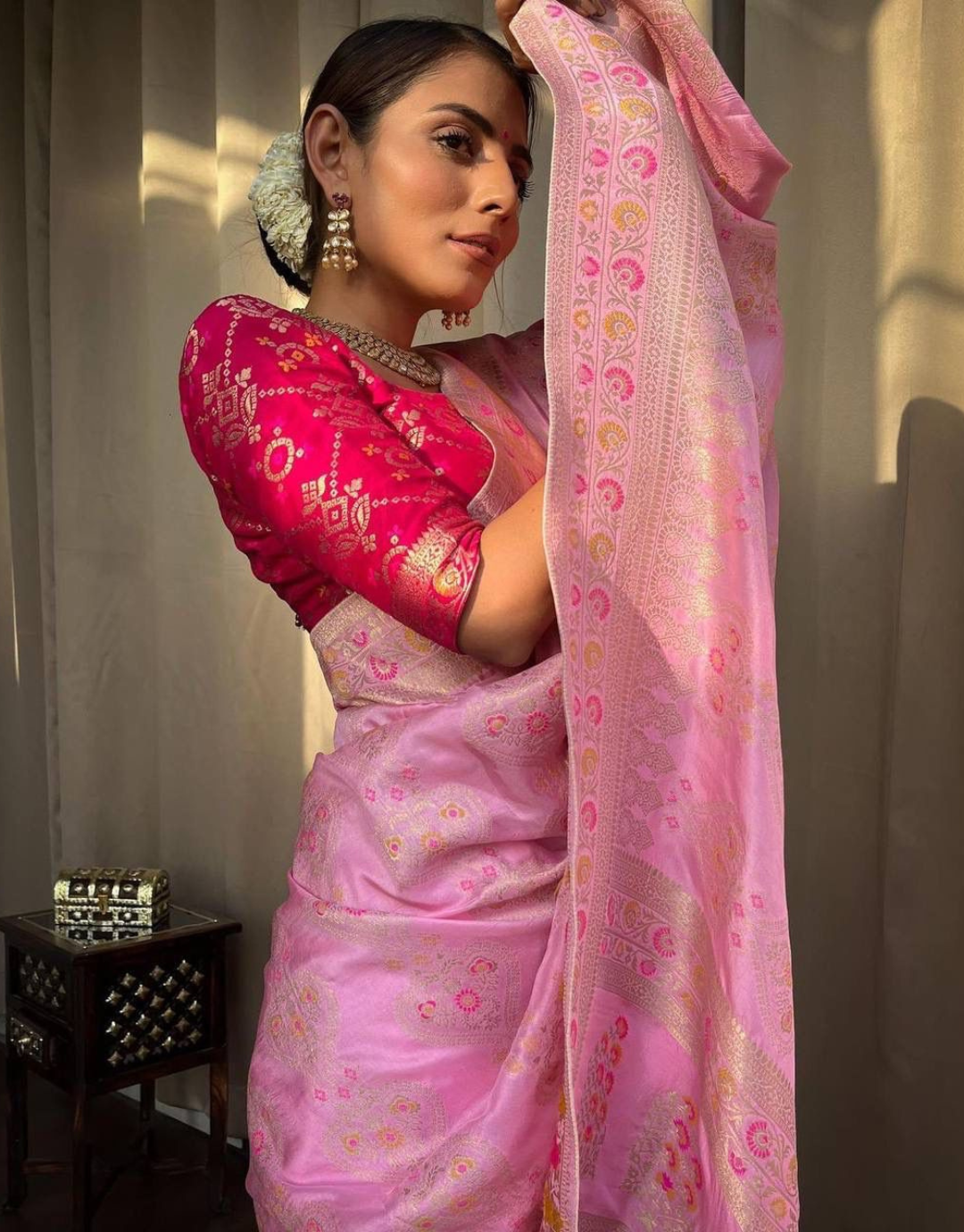 icultural pink Soft Banarasi Saree With Attached Blouse