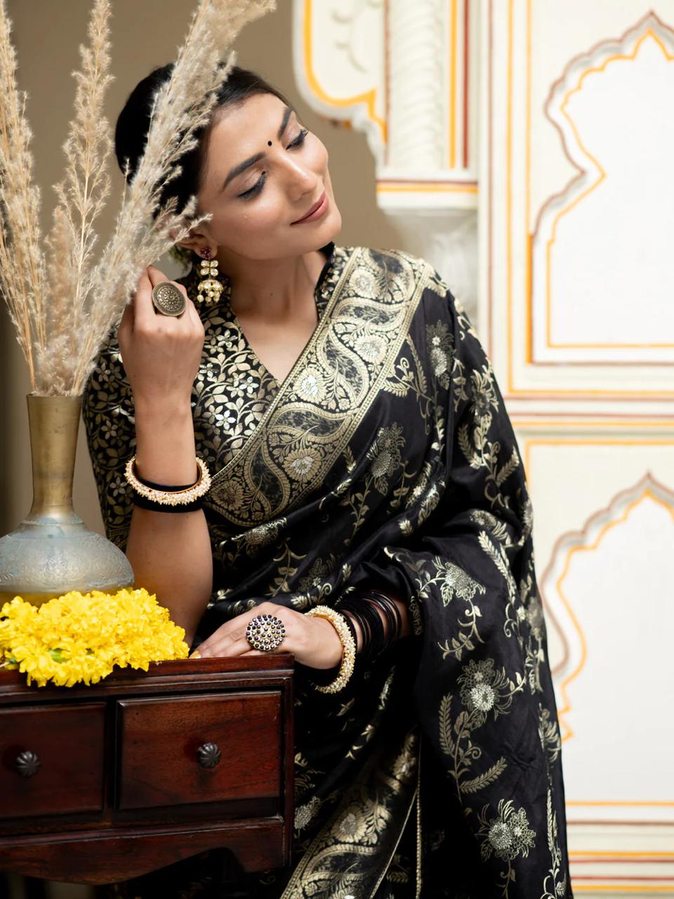 icultural Black Banarasi Silk Saree WIth Fabulouse Blouse Piece