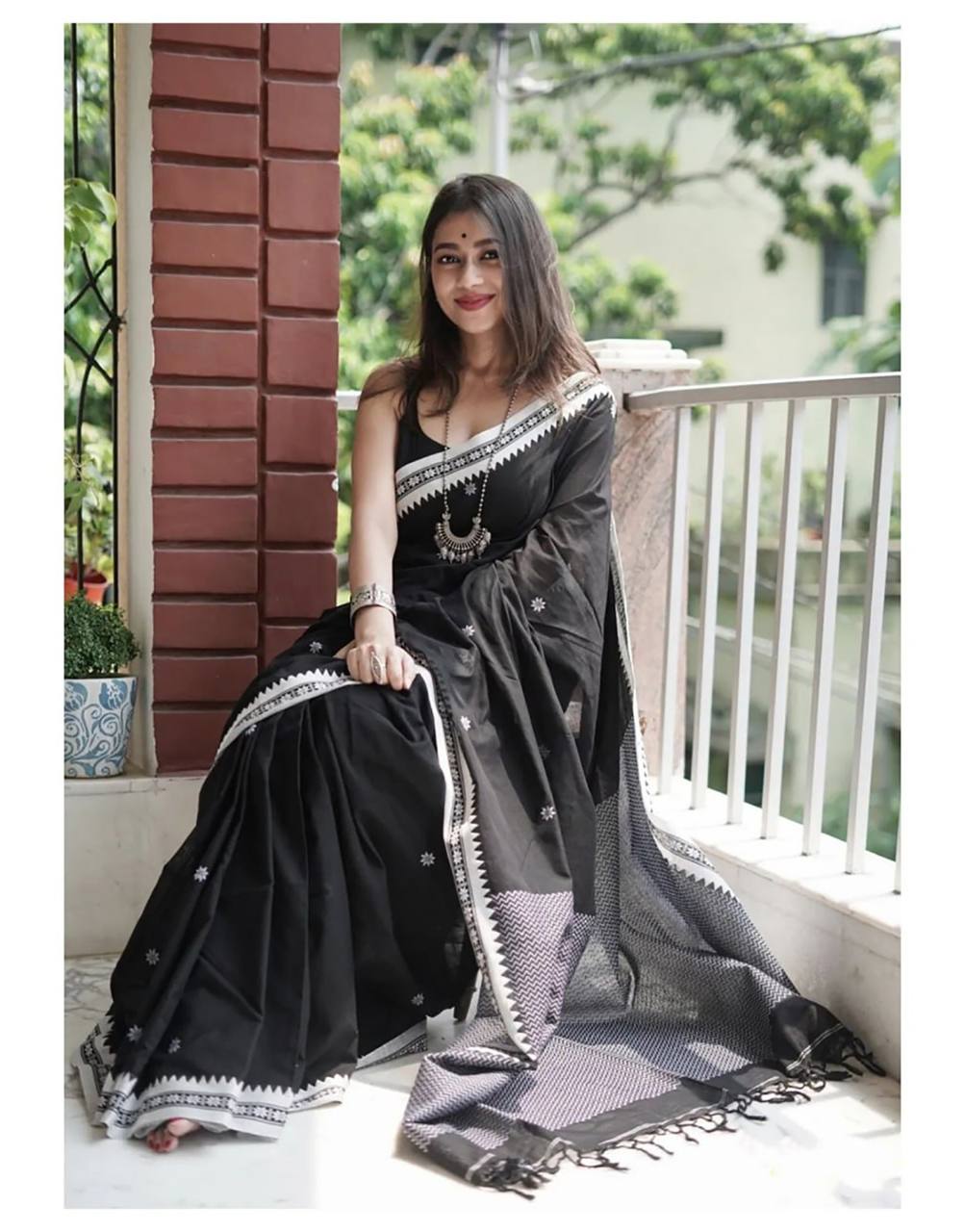 icultural Black Cotton Silk Saree