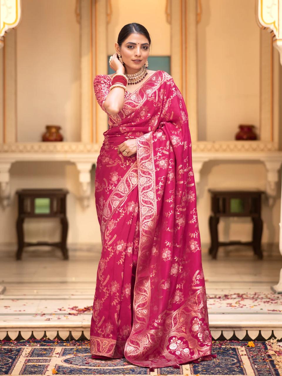 icultural RubyPink Banarasi Silk Saree WIth Fabulouse Blouse Piece