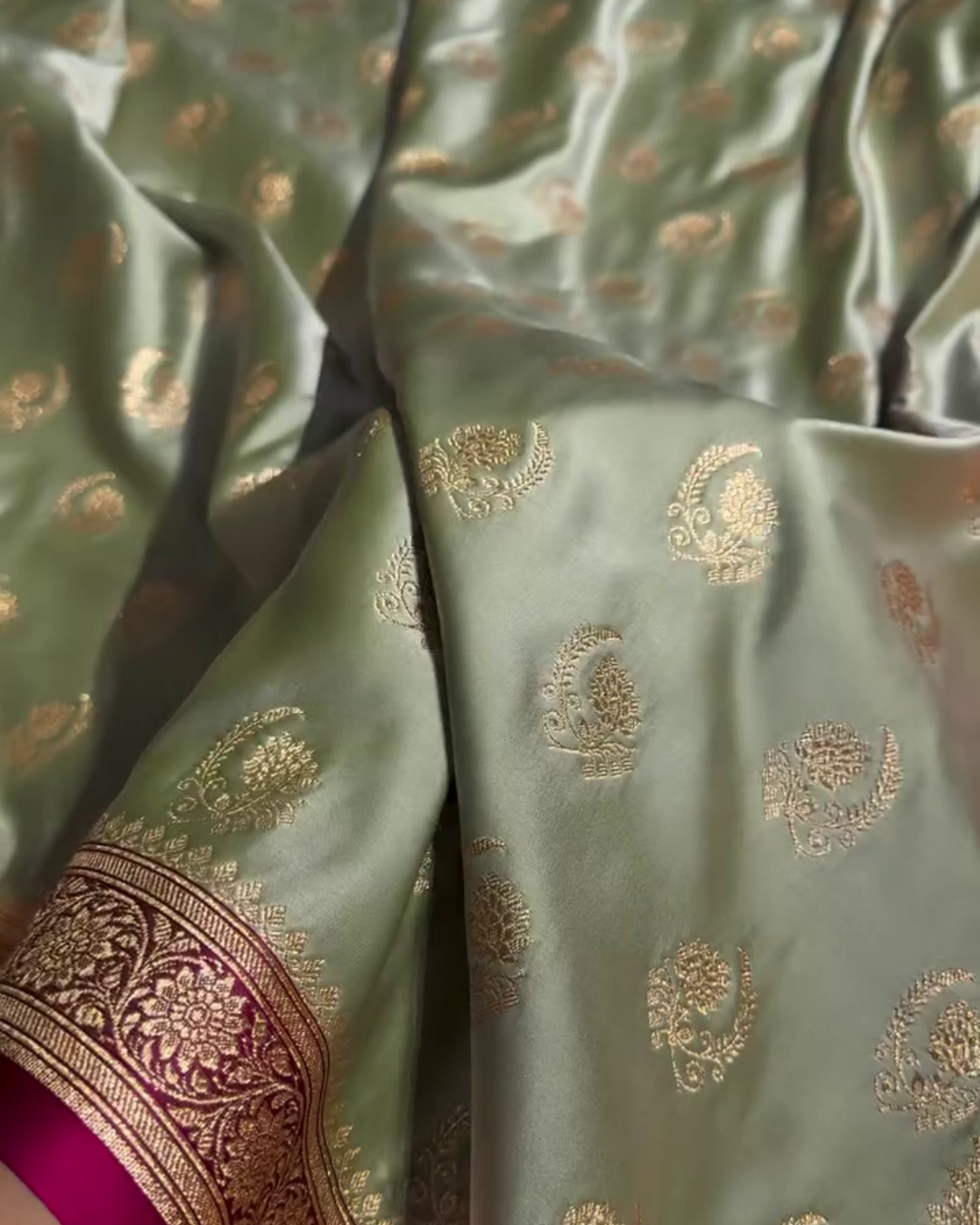 icultural - Green Katan Silk Saree with Zari Boota and Pink Border