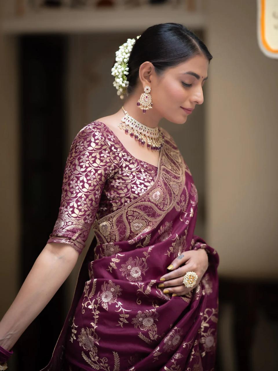 icultural Wine Banarasi Silk Saree WIth Fabulouse Blouse Piece