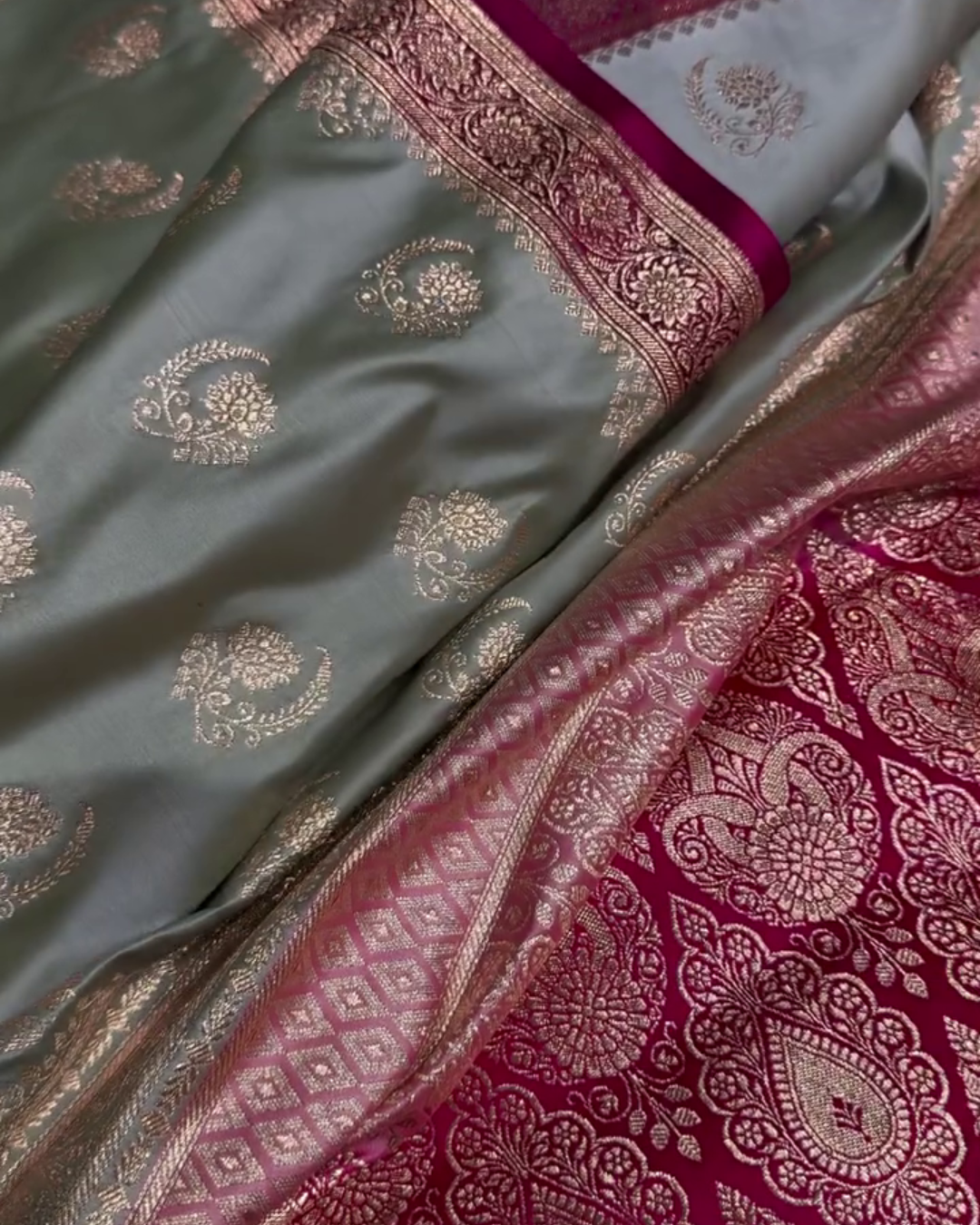 icultural - Green Katan Silk Saree with Zari Boota and Pink Border