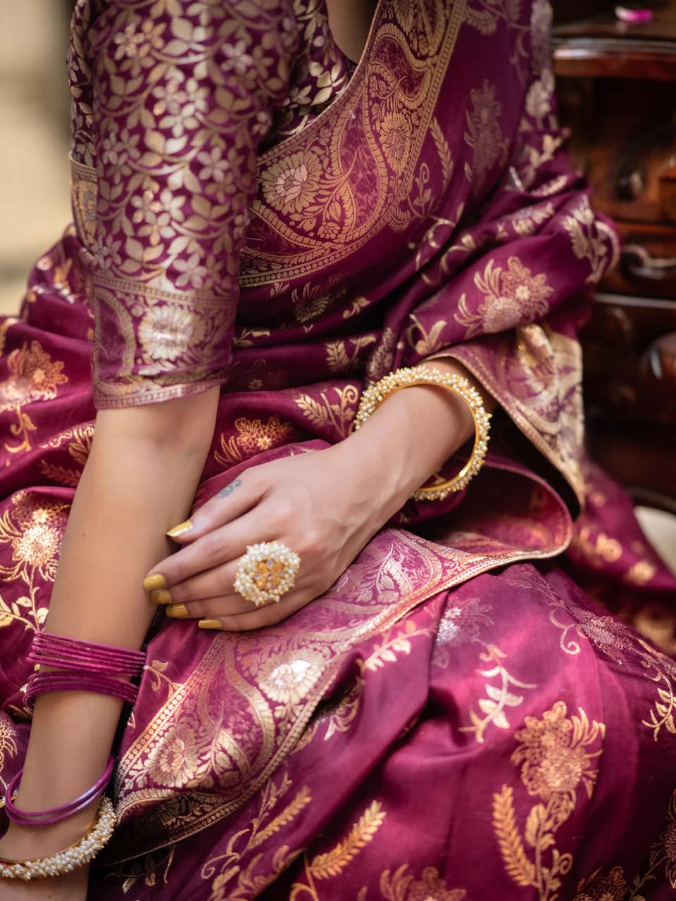 icultural Wine Banarasi Silk Saree WIth Fabulouse Blouse Piece