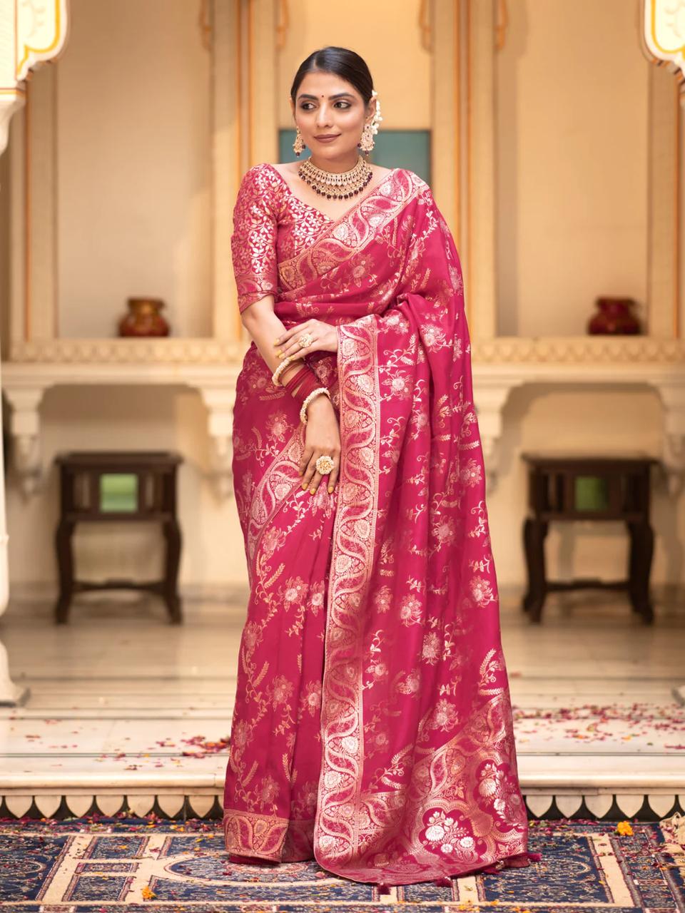 icultural RubyPink Banarasi Silk Saree WIth Fabulouse Blouse Piece