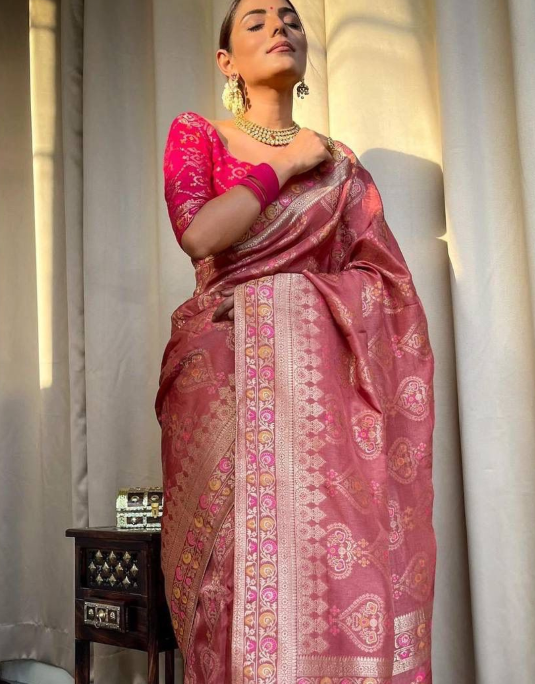 icultural Pestal Pink Soft Banarasi Saree With Attached Blouse