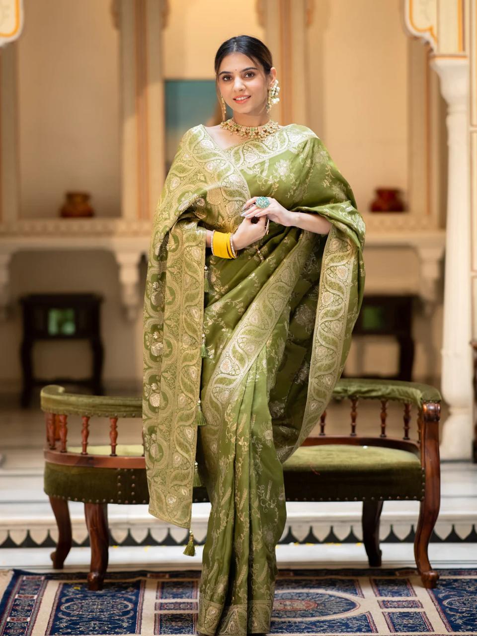 icultural Mahendi Banarasi Silk Saree WIth Fabulouse Blouse Piece
