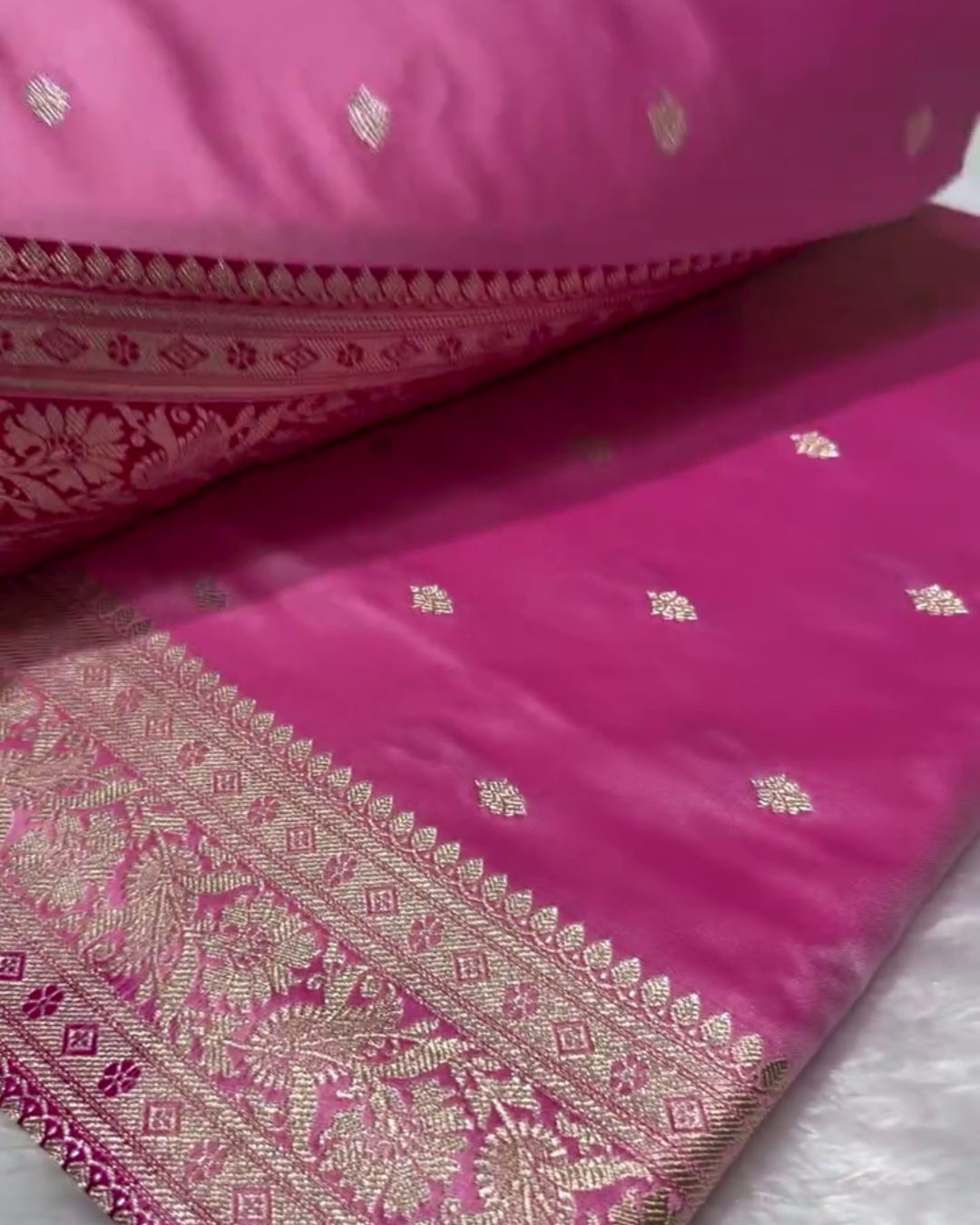 Pink Mashru Silk Saree with Golden Zari Butta & Royal Woven Pallu