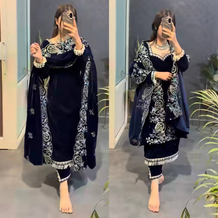 Navy Blue Viscose Velvet Designer Top–Dupatta Set