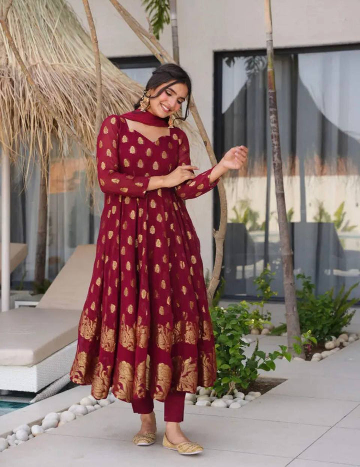 Maroon Anarkali Salwar Suit Set For Wedding.