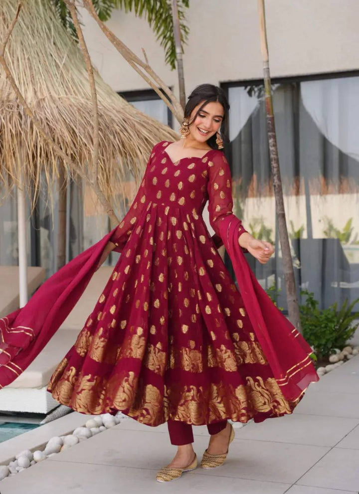 Maroon Anarkali Salwar Suit Set For Wedding.