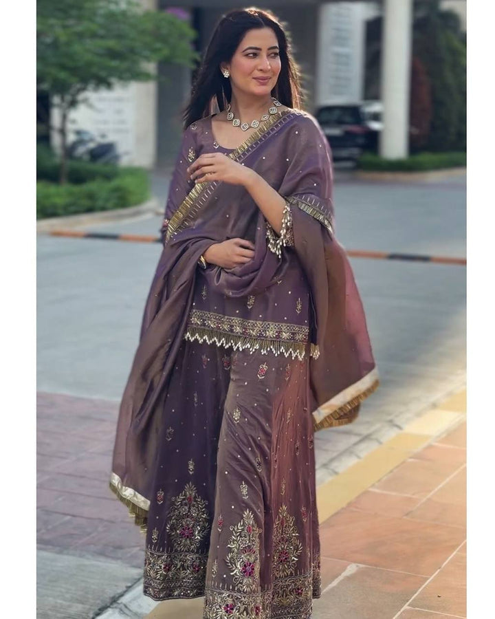 Purple Embroidered Peplum Top Sharara Set