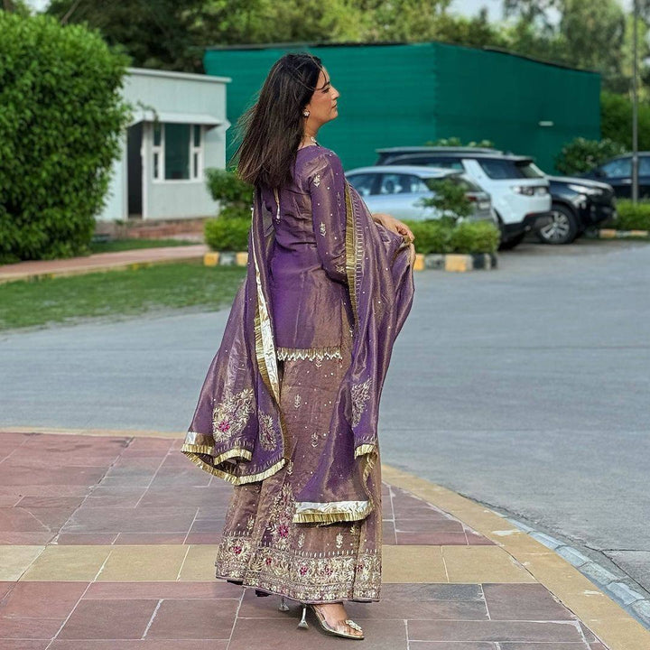 Purple Embroidered Peplum Top Sharara Set
