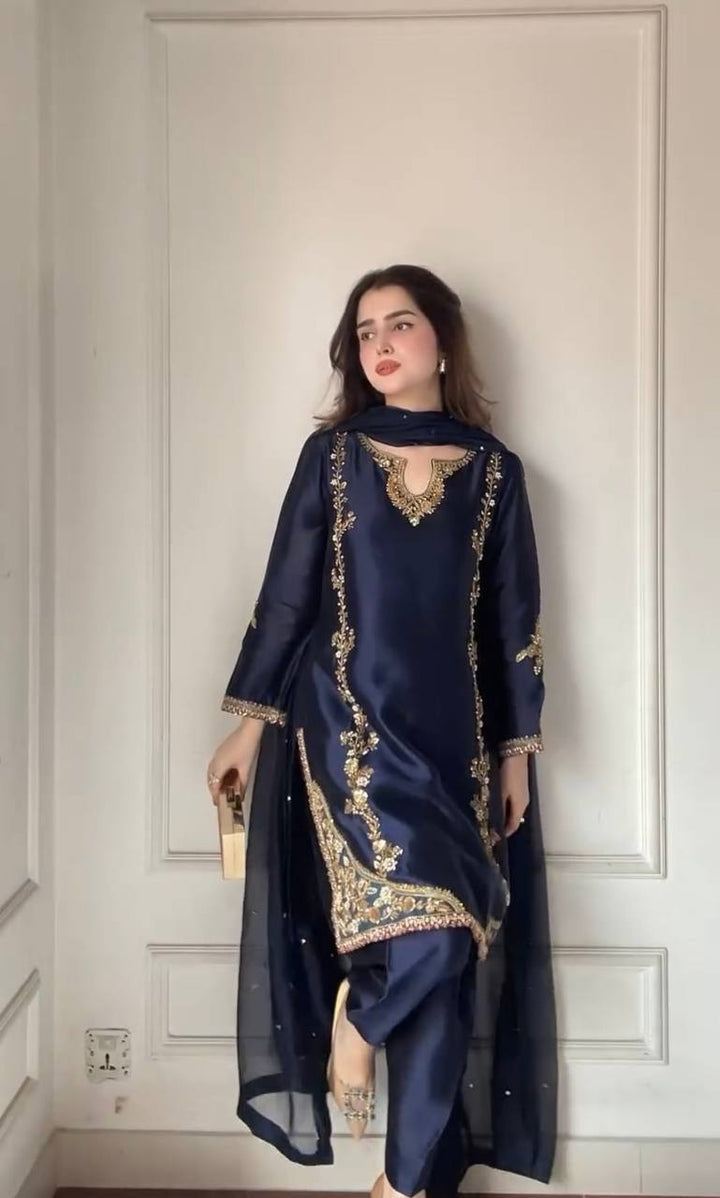 Blue Heavy Hand Work Suit Set – Zari & Beads Embroidered Salwar Kameez