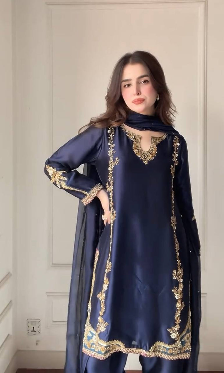 Blue Heavy Hand Work Suit Set – Zari & Beads Embroidered Salwar Kameez