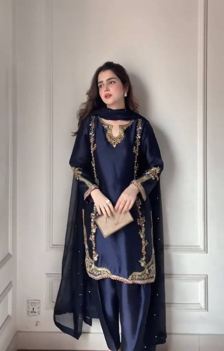 Blue Heavy Hand Work Suit Set – Zari & Beads Embroidered Salwar Kameez