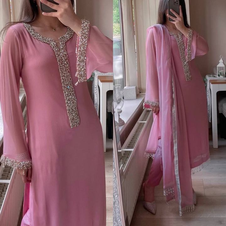 Women Pink Georgette Salwar Suit Real Moti Hand Embroidery