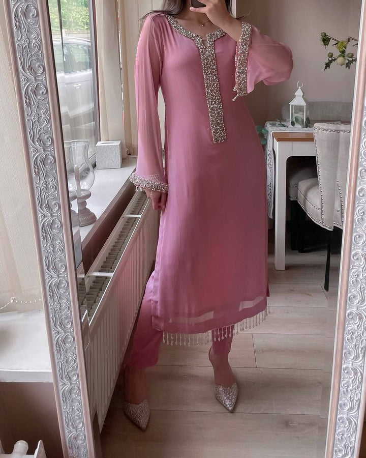 Women Pink Georgette Salwar Suit Real Moti Hand Embroidery