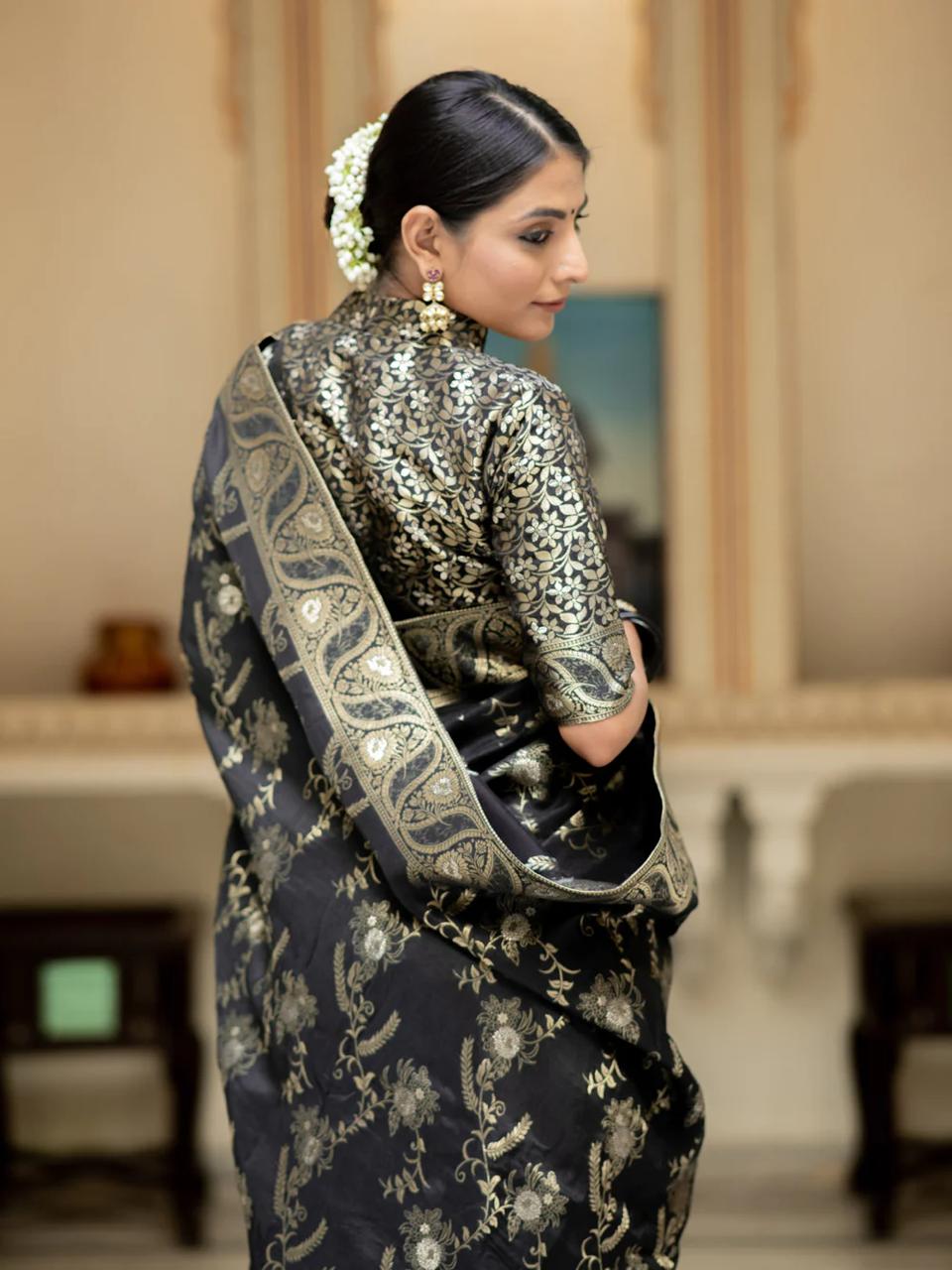 icultural Black Banarasi Silk Saree WIth Fabulouse Blouse Piece