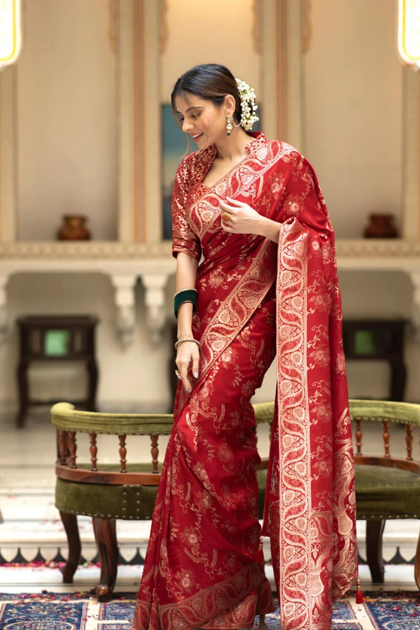icultural Red Banarasi Silk Saree WIth Fabulouse Blouse Piece