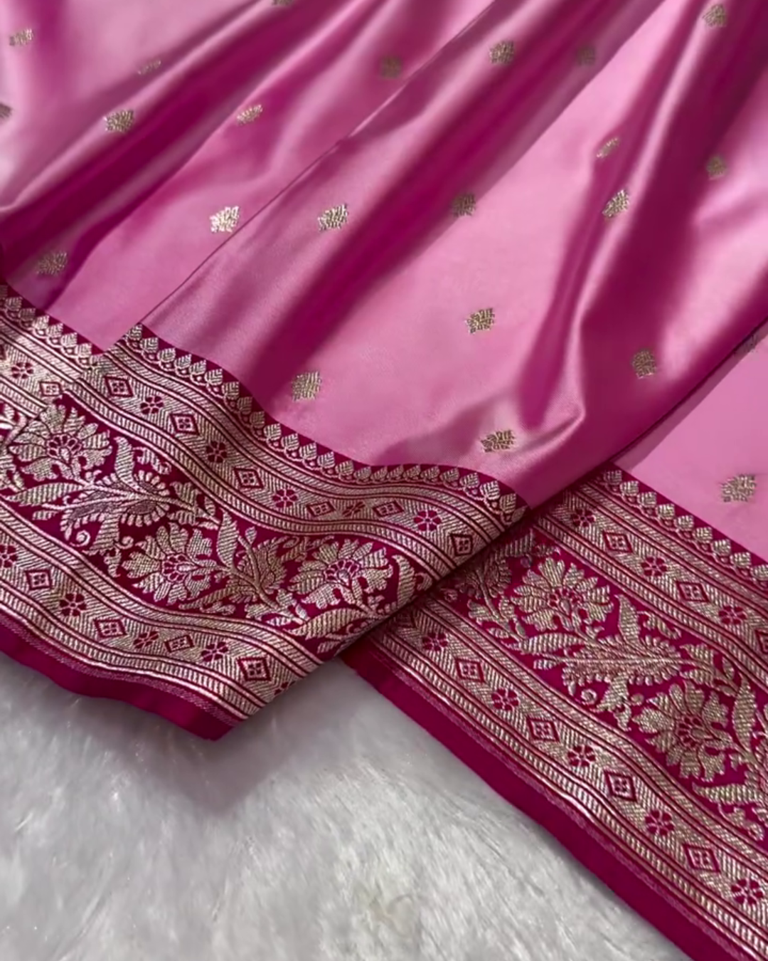 Pink Mashru Silk Saree with Golden Zari Butta & Royal Woven Pallu