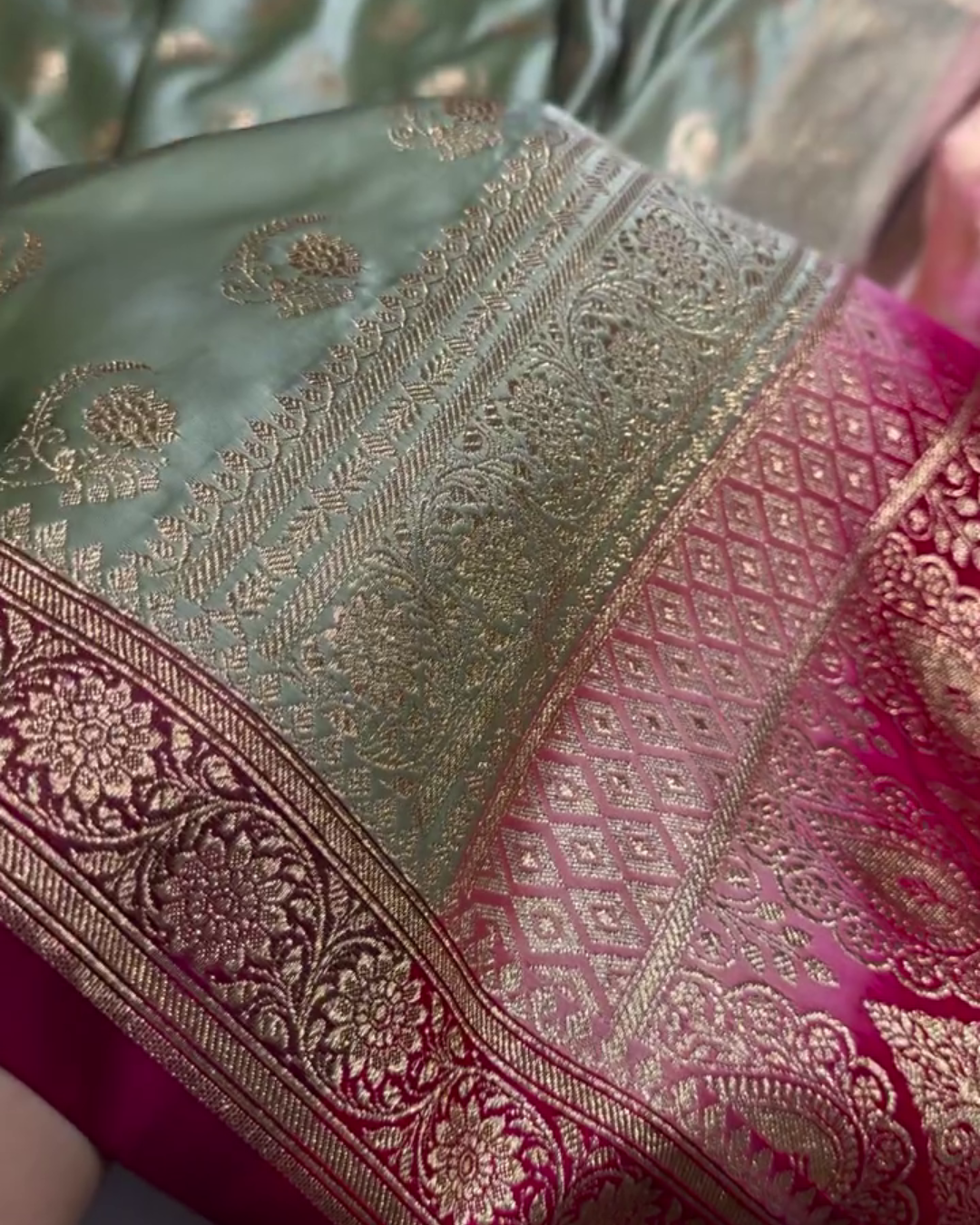 icultural - Green Katan Silk Saree with Zari Boota and Pink Border