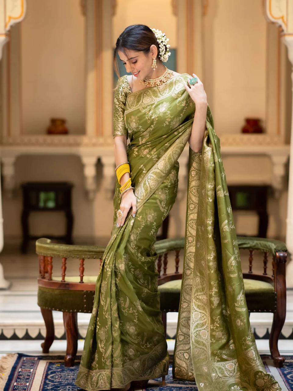 icultural Mahendi Banarasi Silk Saree WIth Fabulouse Blouse Piece