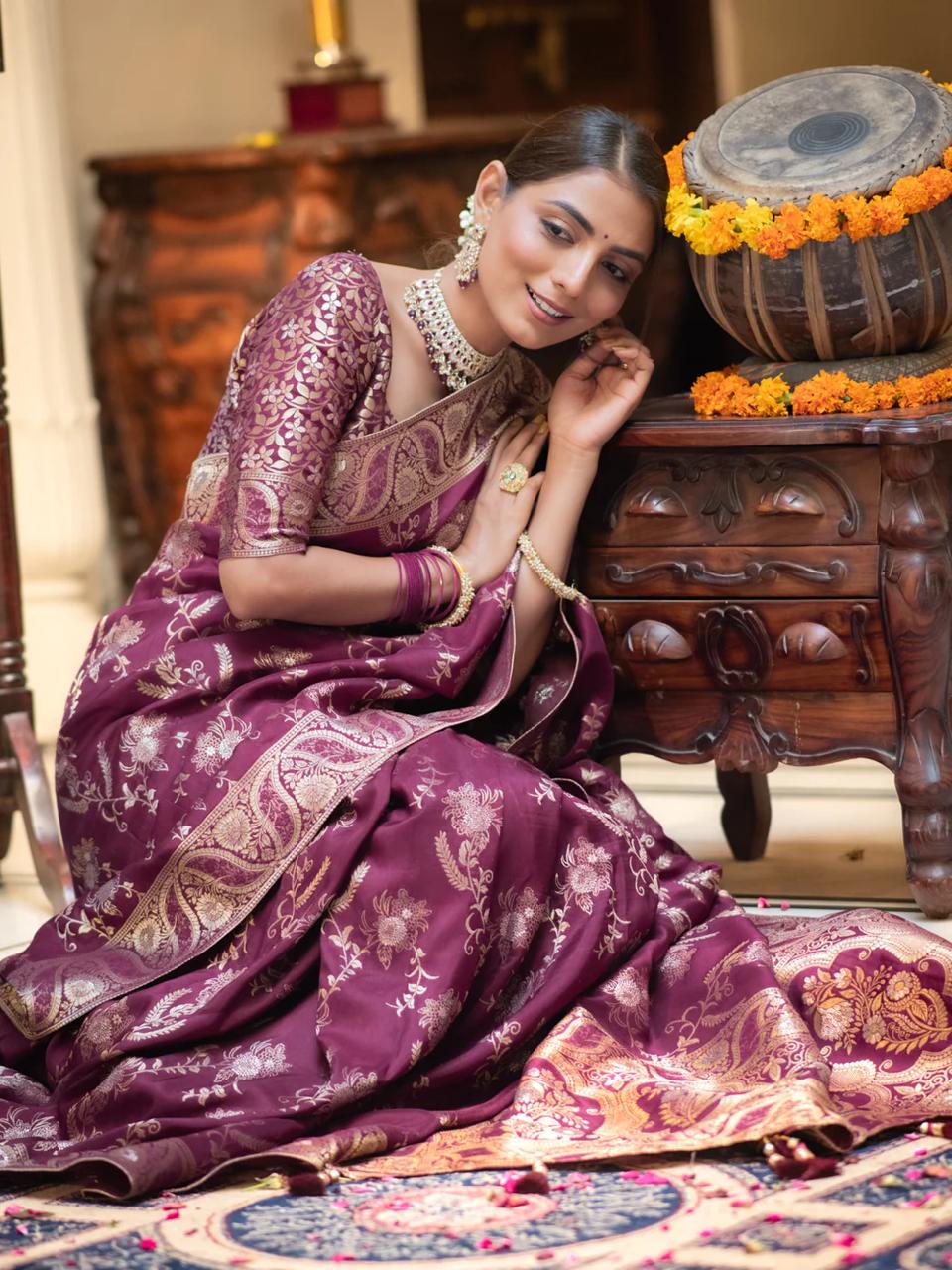 icultural Wine Banarasi Silk Saree WIth Fabulouse Blouse Piece