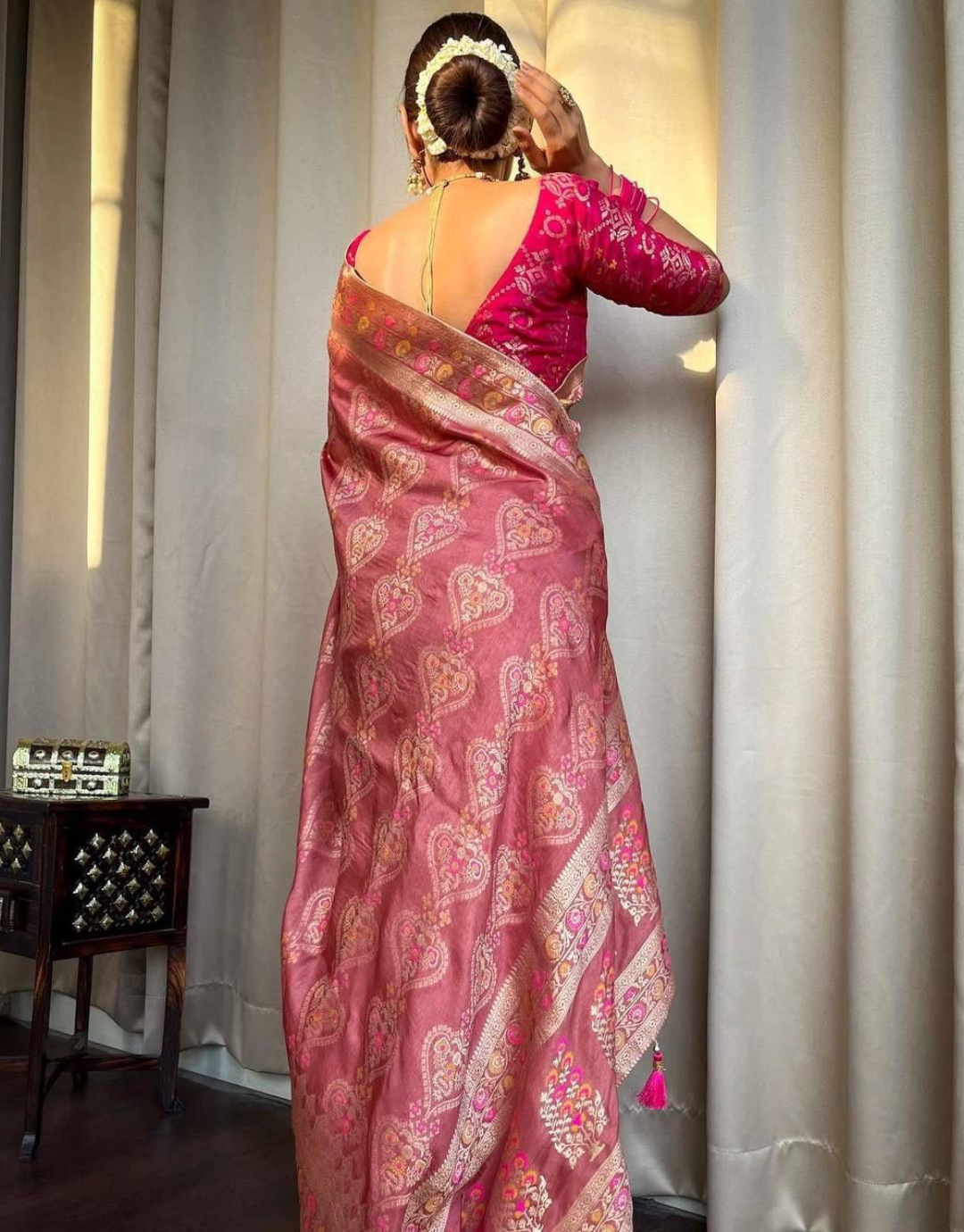 icultural Pestal Pink Soft Banarasi Saree With Attached Blouse