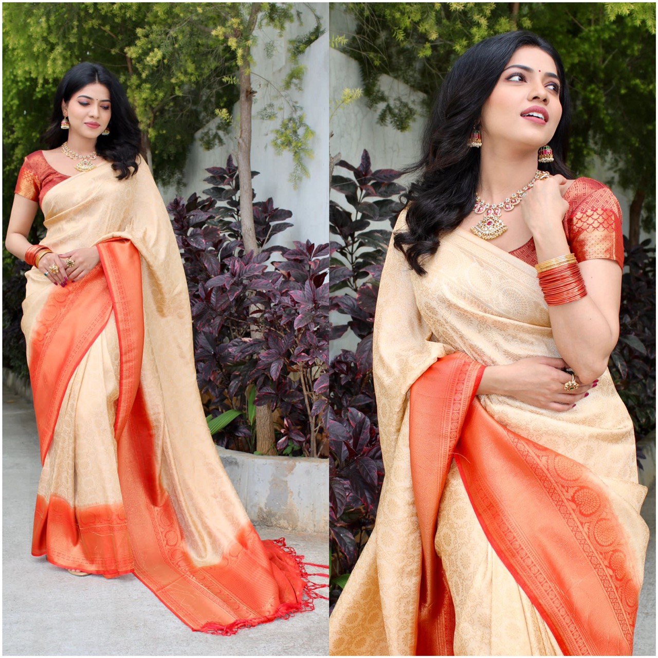Cream Kanjivaram Soft Silk Banarasi by Icultuer