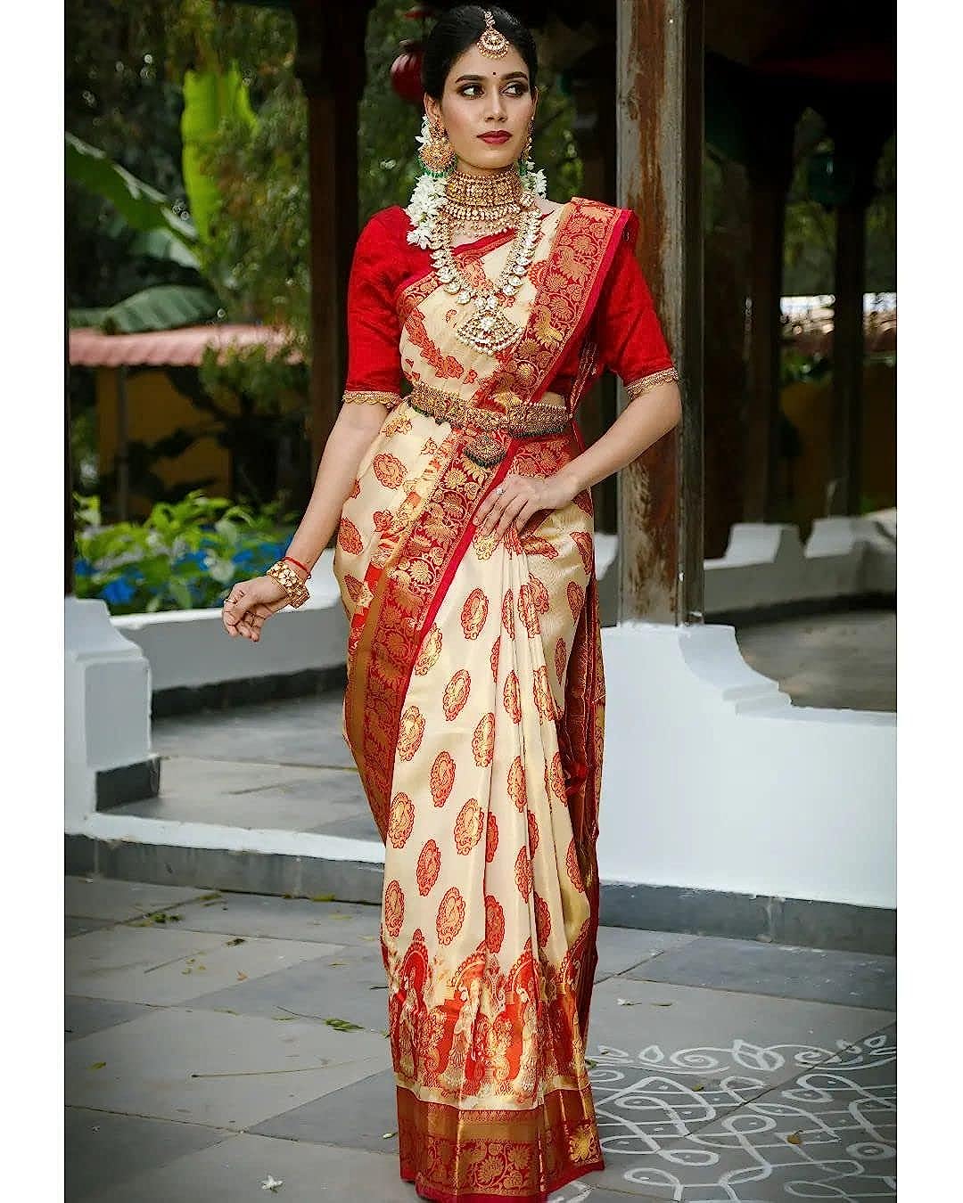 Woven Kanjivaram Jacquard, Art Silk by Icultuer  (White)