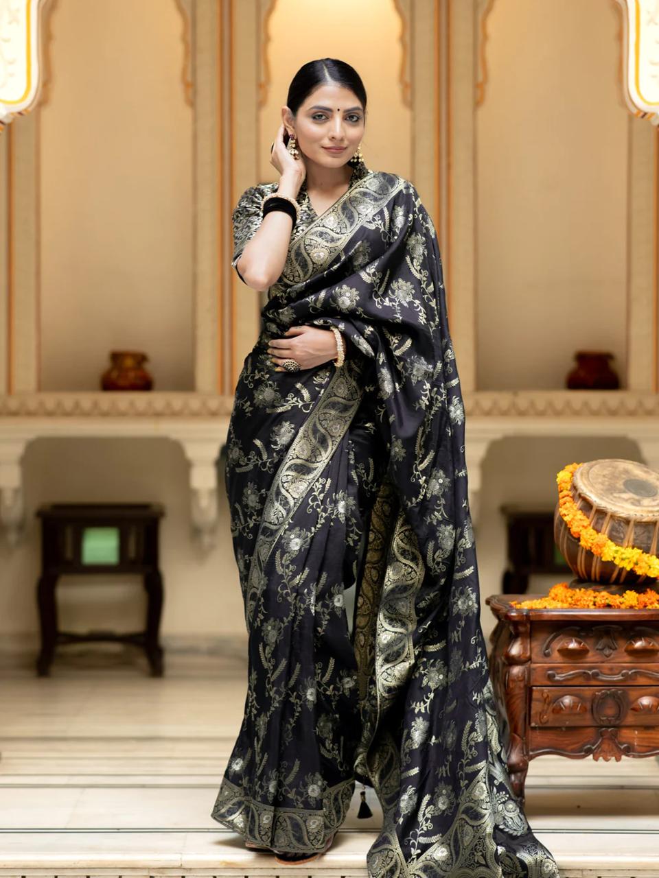 icultural Black Banarasi Silk Saree WIth Fabulouse Blouse Piece