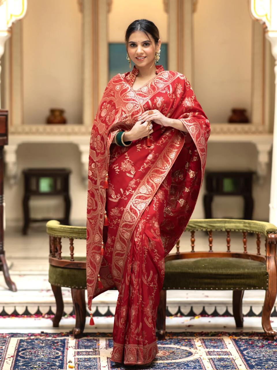 icultural Red Banarasi Silk Saree WIth Fabulouse Blouse Piece