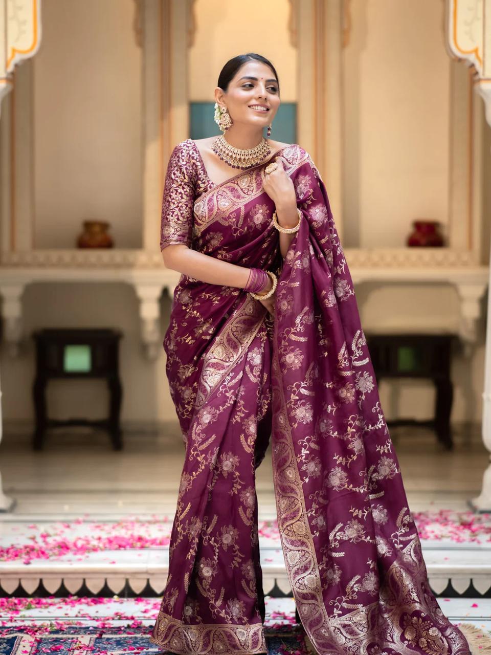 icultural Wine Banarasi Silk Saree WIth Fabulouse Blouse Piece