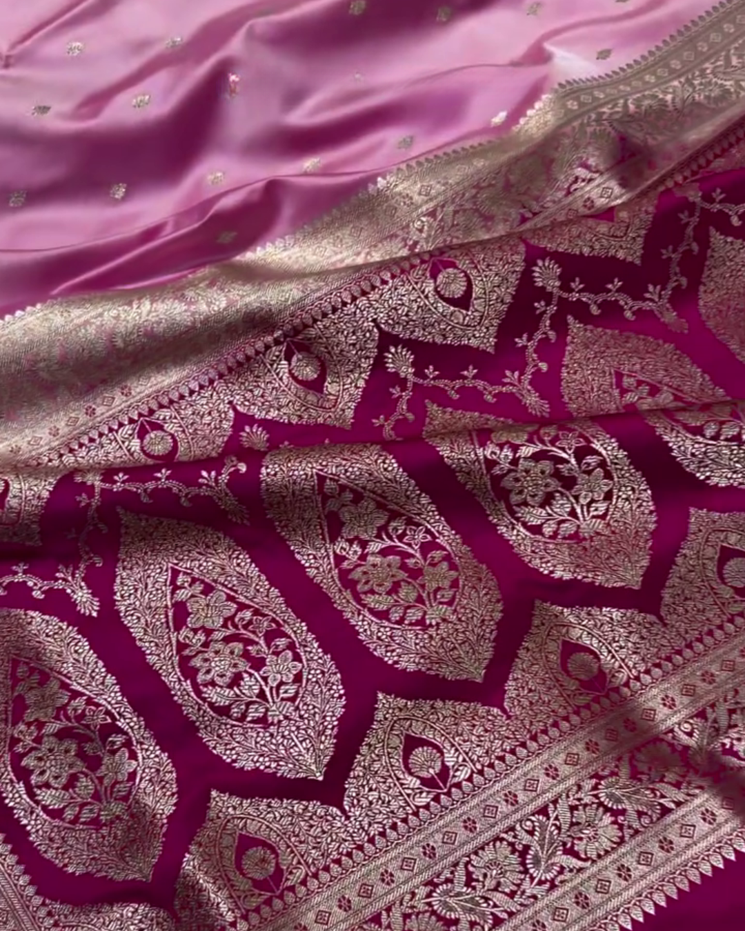 Pink Mashru Silk Saree with Golden Zari Butta & Royal Woven Pallu