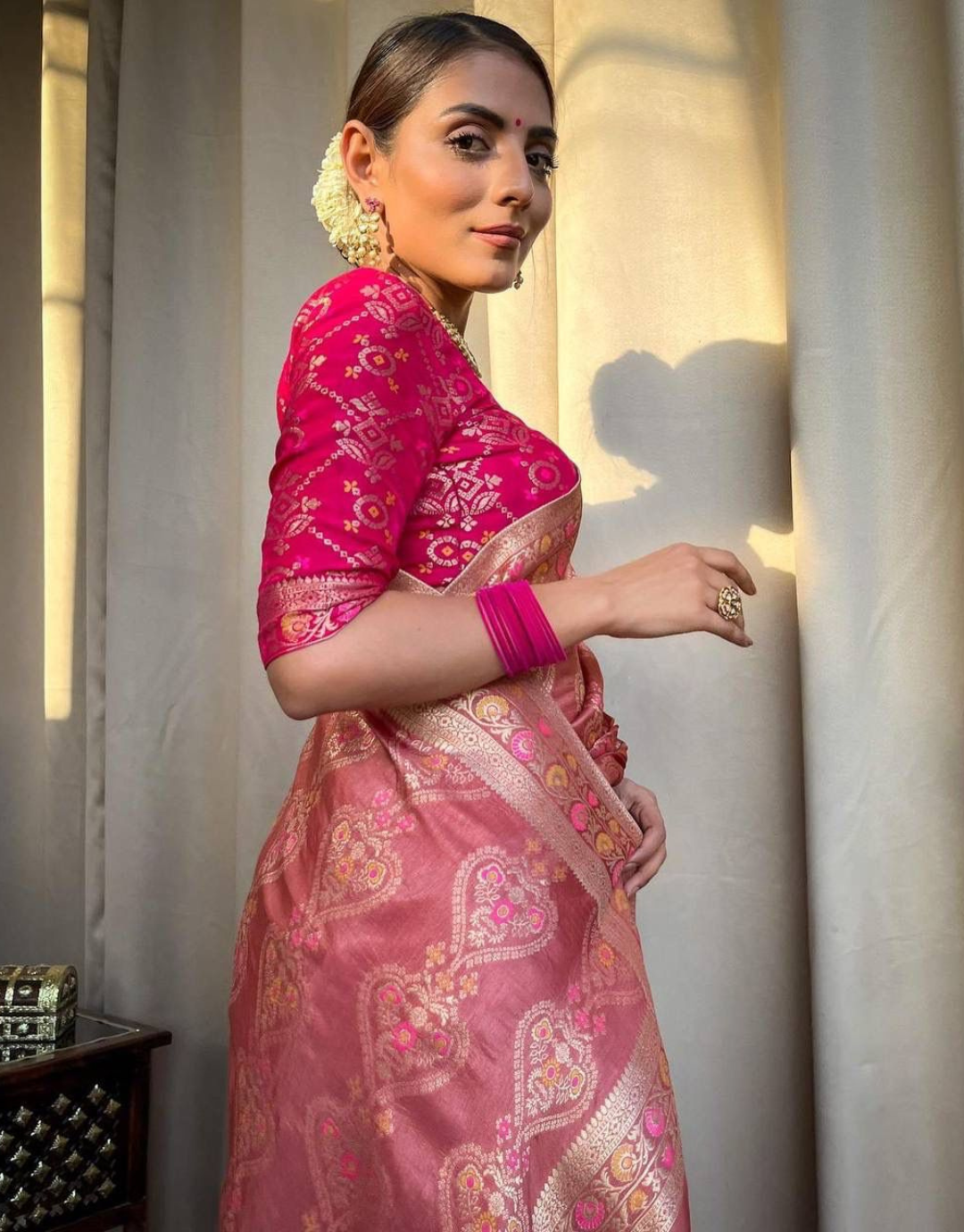 icultural Pestal Pink Soft Banarasi Saree With Attached Blouse