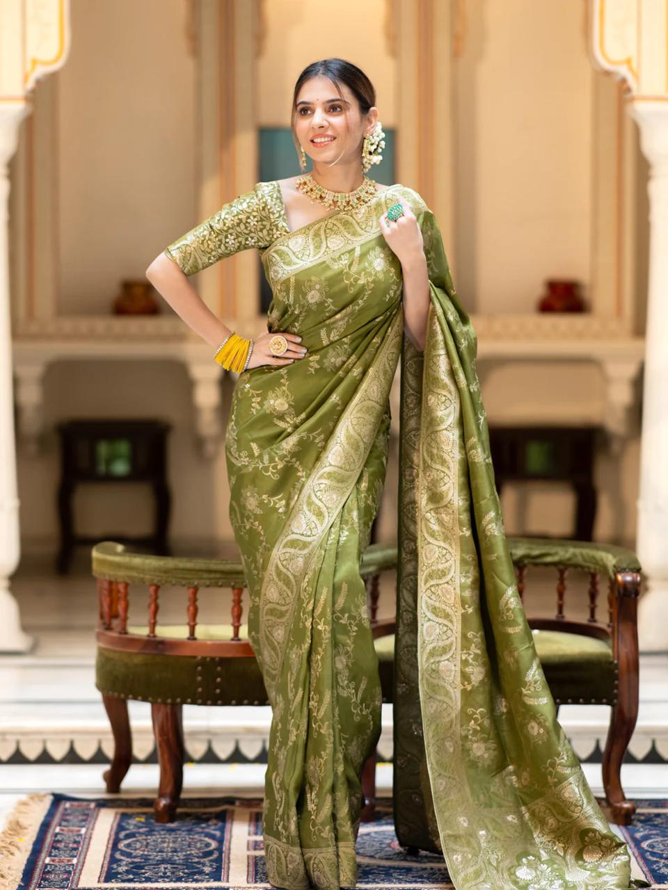 icultural Mahendi Banarasi Silk Saree WIth Fabulouse Blouse Piece